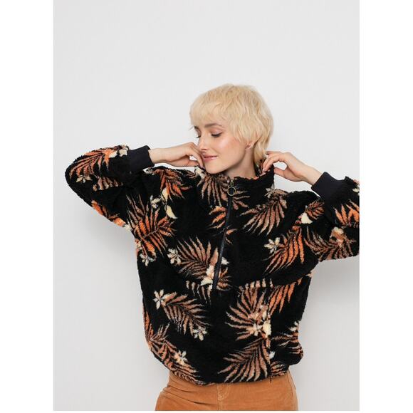 Billabong Sherpa Fleece Pullover Black Tropical Palm Leaf Zip Cozy Surf Jacket M - Picture 1 of 11